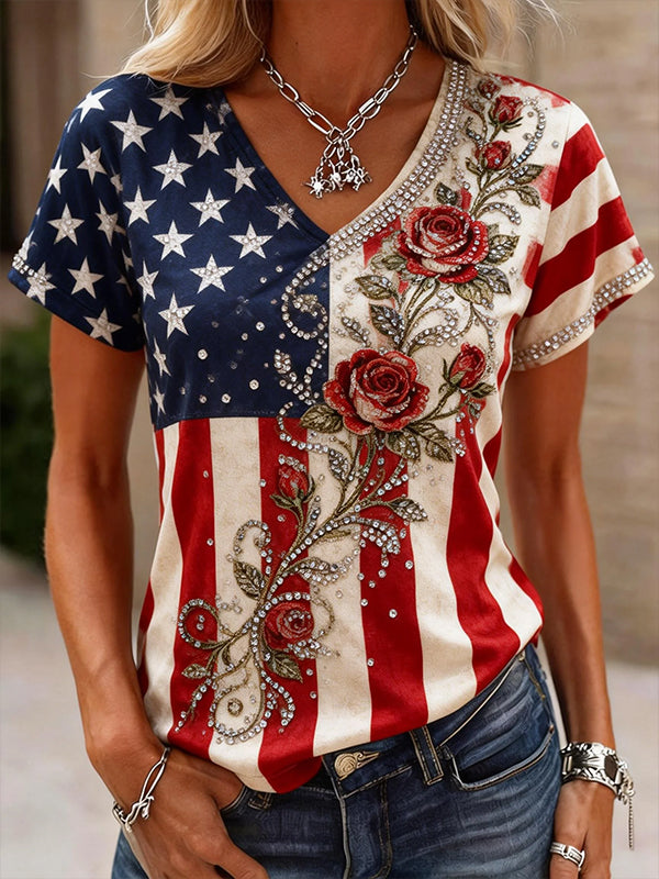 Women's American Flag Roses Print V Neck T-Shirt