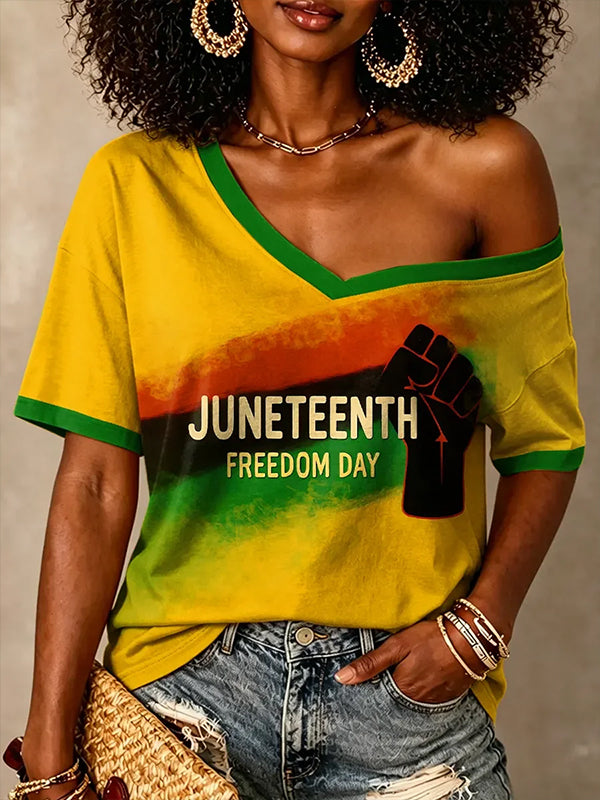 Women's Juneteenth Freedom Day Black Power Print Casual T-Shirt