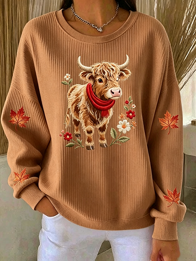 Women'S Autumn Highland Cow Embroidered Round Neck Sweatshirt