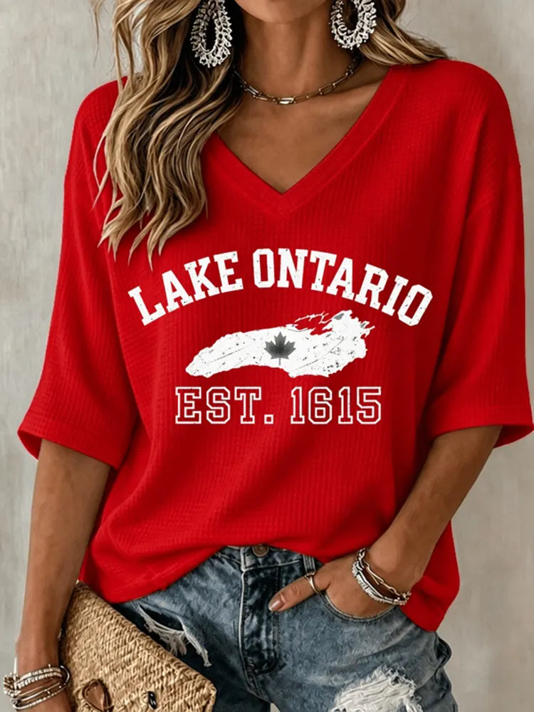 Women's Lake Ontario Printed Mid-length Sleeves V-neck T-shirt