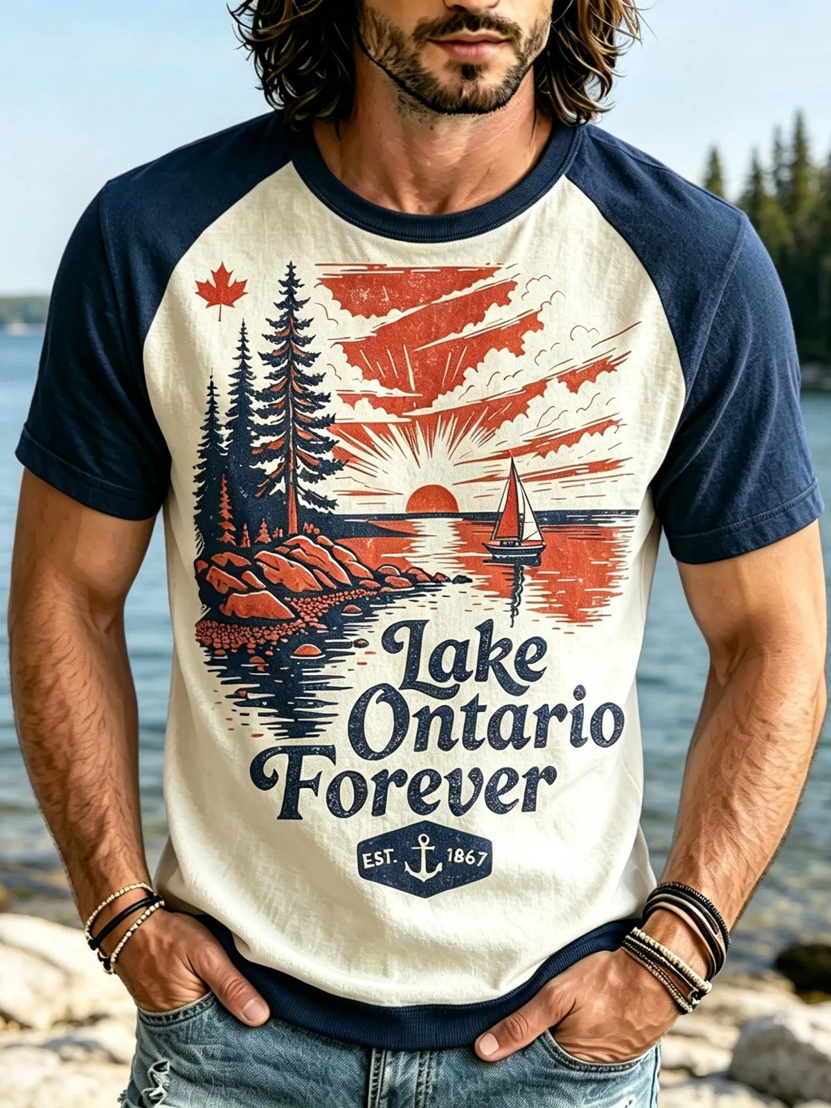 Men's Retro Lake Ontario Print Color Block T-shirt