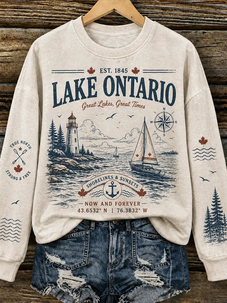 Women's Lake Ontario Graphic Crewneck Sweatshirt - Vintage Lighthouse & Sailboat Print