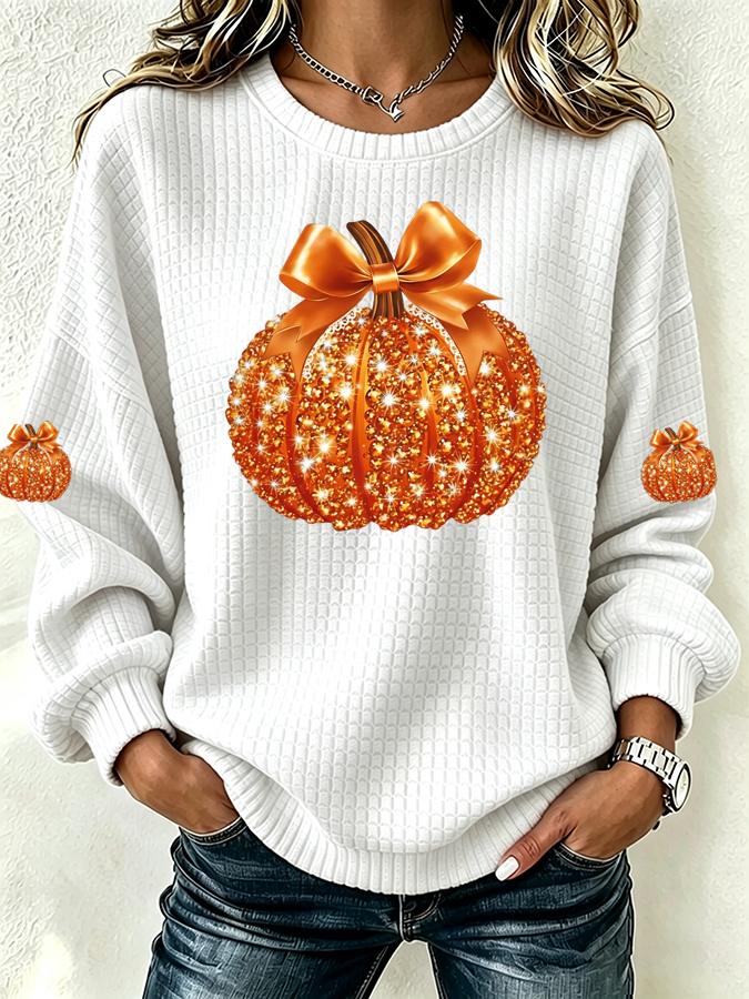 Women's Pumpkin Print Crew Neck Check Sweatshirt