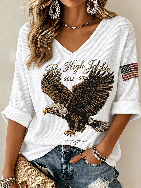 Women's Fly High Jackie Bald Eagle Flag Sleeve Waffle‐Knit Top