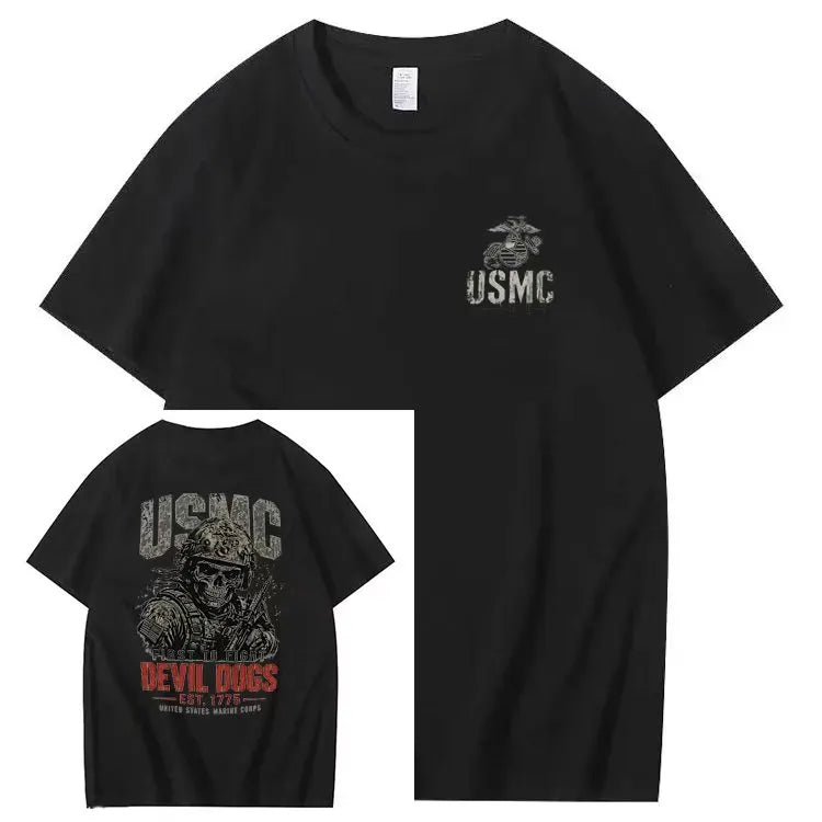 Vintage USMC Devil Dogs Military Veteran Graphic Men T‐shirt
