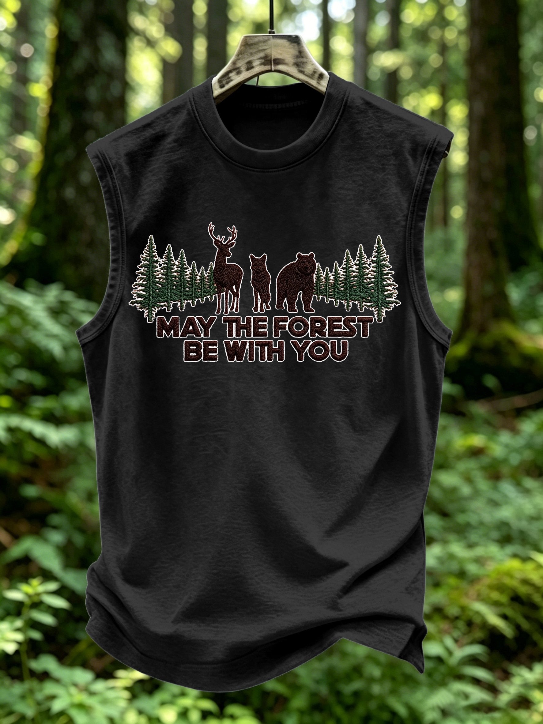Men's Retro May The Forest Be With You Print Round Neck Vest