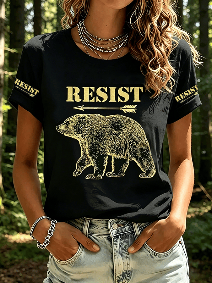 Women's Resist Bear Print Retro Short-Sleeve T-Shirt