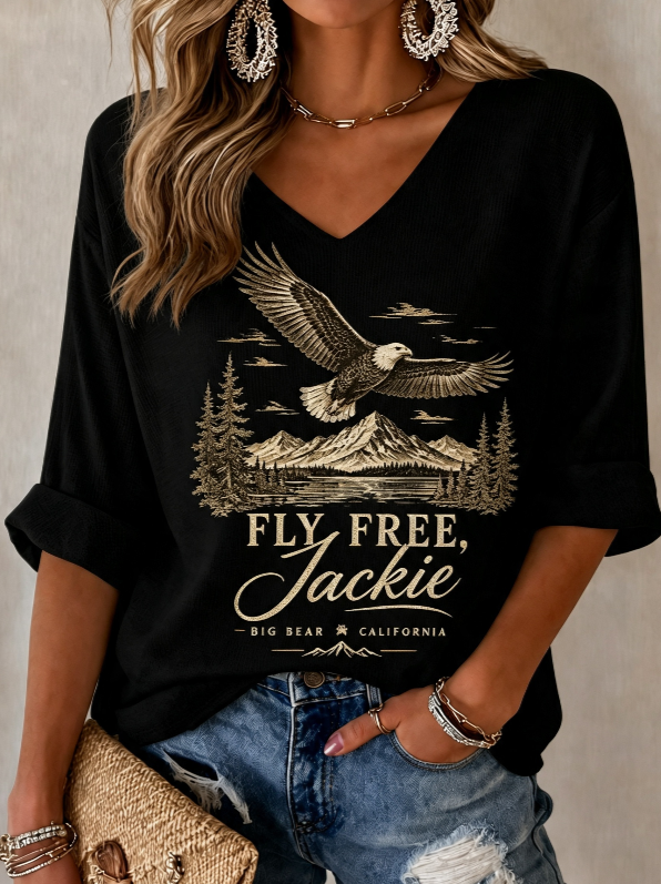 Women'S V-Neck Retro Forever Free Jackie Print T-Shirt