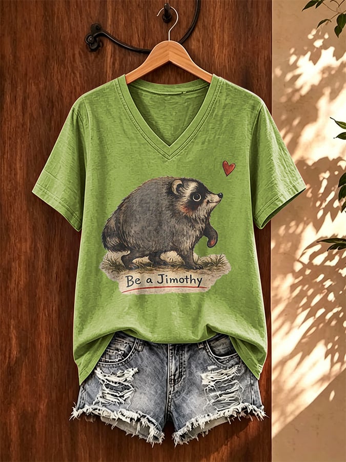 V-Neck Retro Jimothy Raccoon Be A Jimothy Print T-Shirt