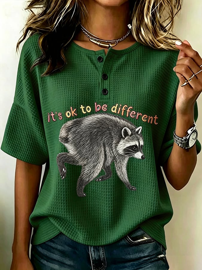 Women's Jimothy Raccoon Seattle Printing Waffle Short Sleeved Shirt