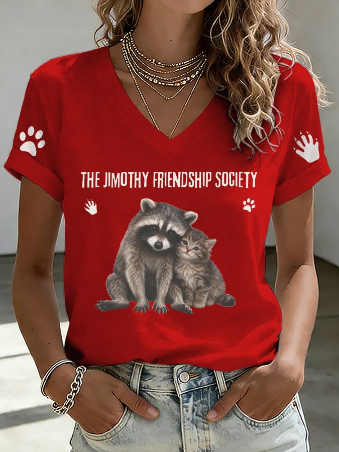 V-Neck Retro The Jimothy Friendship Society Print T-Shirt