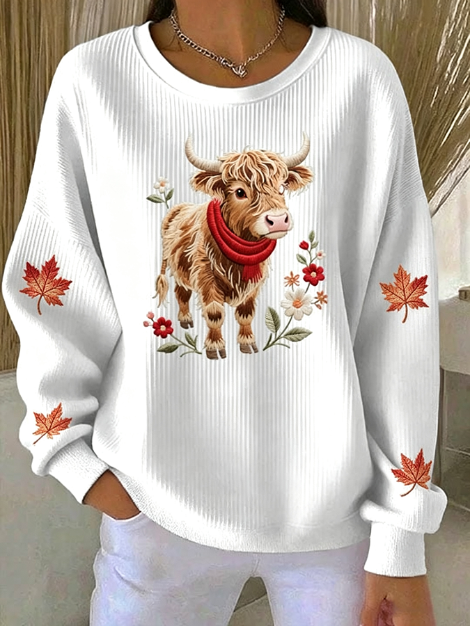 Women'S Autumn Highland Cow Embroidered Round Neck Sweatshirt