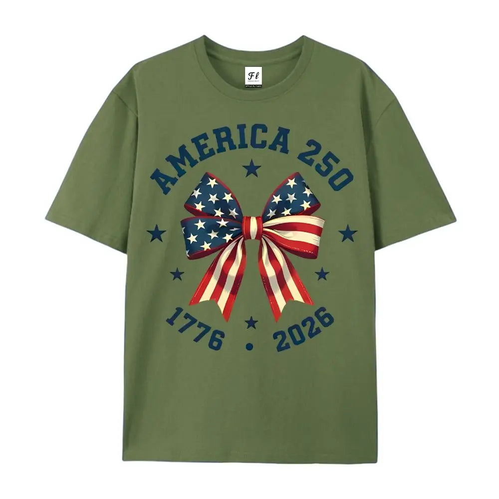 America 250 Stars And Stripes Bow Print T Shirt White Crew Neck Casual Top For Independence Day Celebration