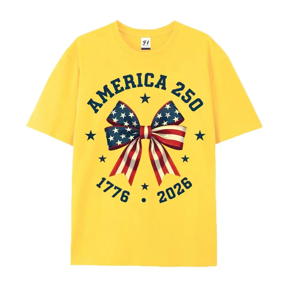 America 250 Stars And Stripes Bow Print T Shirt White Crew Neck Casual Top For Independence Day Celebration