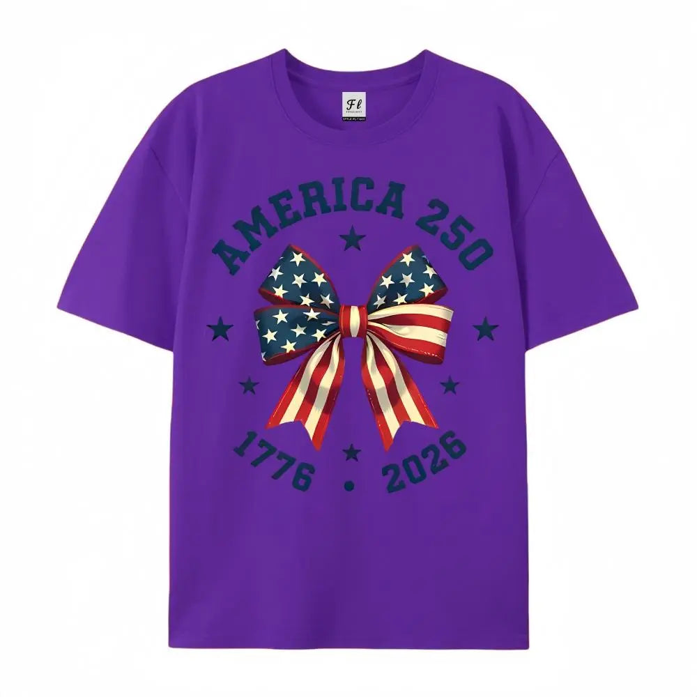 America 250 Stars And Stripes Bow Print T Shirt White Crew Neck Casual Top For Independence Day Celebration