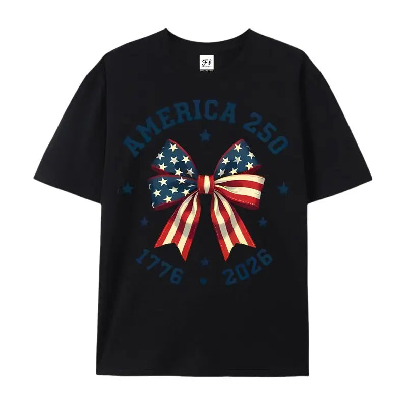America 250 Stars And Stripes Bow Print T Shirt White Crew Neck Casual Top For Independence Day Celebration