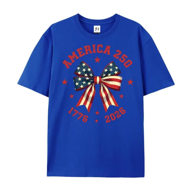 America 250 Stars And Stripes Bow Print T Shirt White Crew Neck Casual Top For Independence Day Celebration