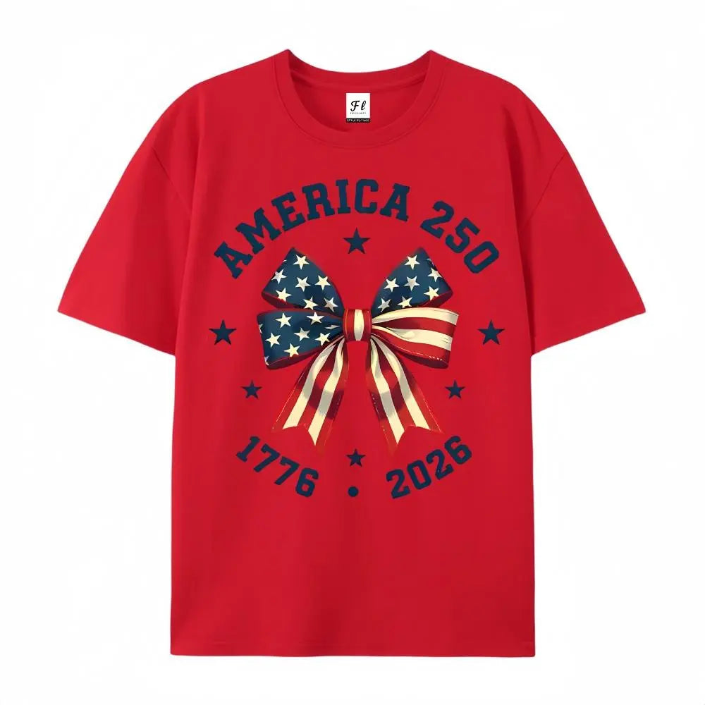 America 250 Stars And Stripes Bow Print T Shirt White Crew Neck Casual Top For Independence Day Celebration