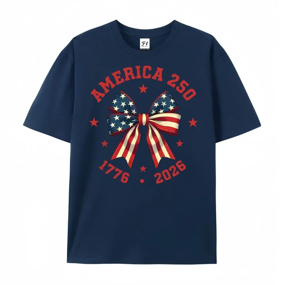 America 250 Stars And Stripes Bow Print T Shirt White Crew Neck Casual Top For Independence Day Celebration