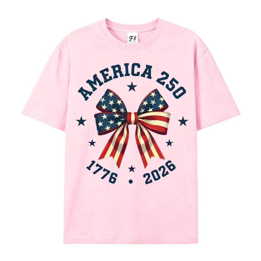 America 250 Stars And Stripes Bow Print T Shirt White Crew Neck Casual Top For Independence Day Celebration