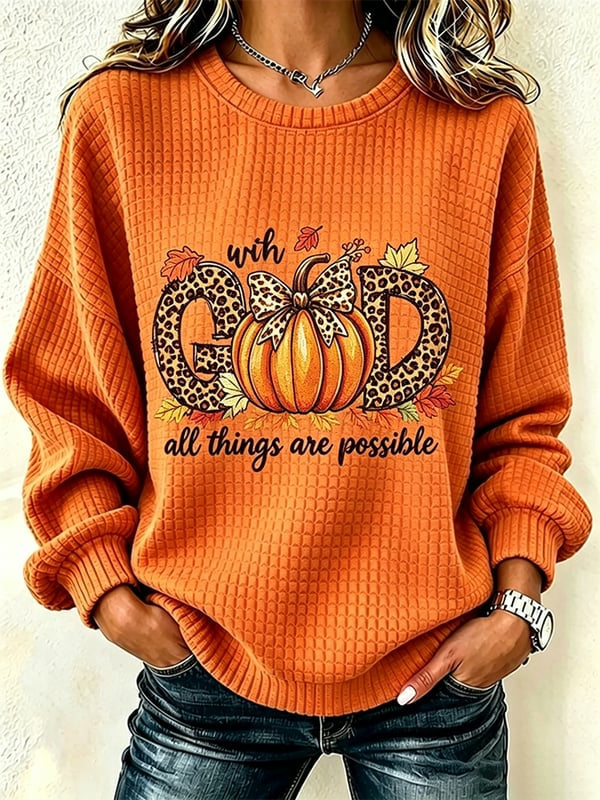 Women'S Autumn Pumpkin Faith Printed Round Neck Checkered Sports Shirt