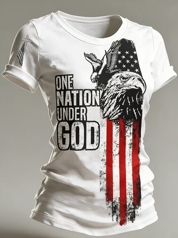 Women's One Nation Under God American Flag Eagle Art Print Casual T-Shirt