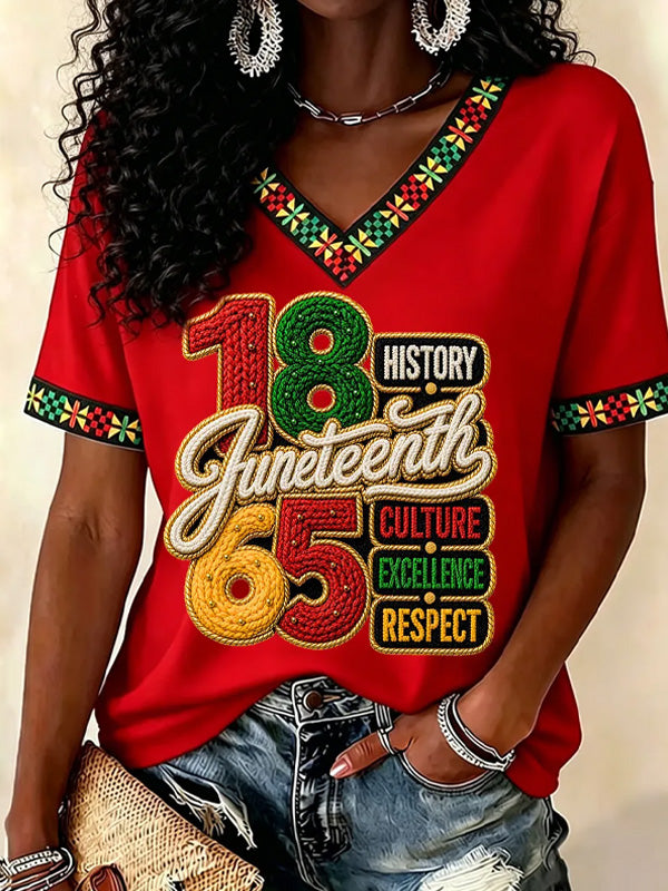Women's Juneteenth 1865 History Culture Excellence Respect African Art Print Casual V Neck T-Shirt