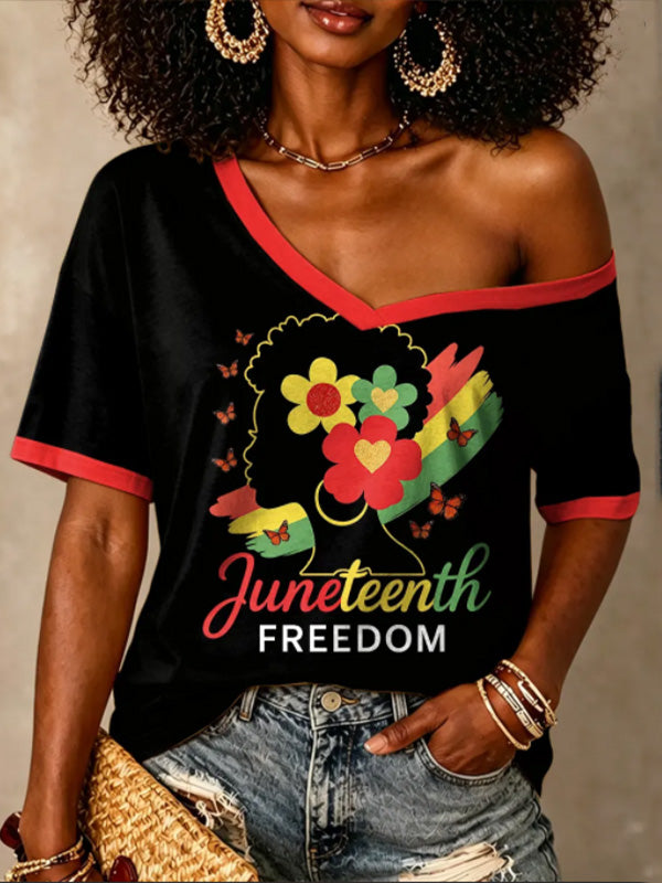 Women's Juneteenth Freedom Art Print Casual V Neck T-Shirt