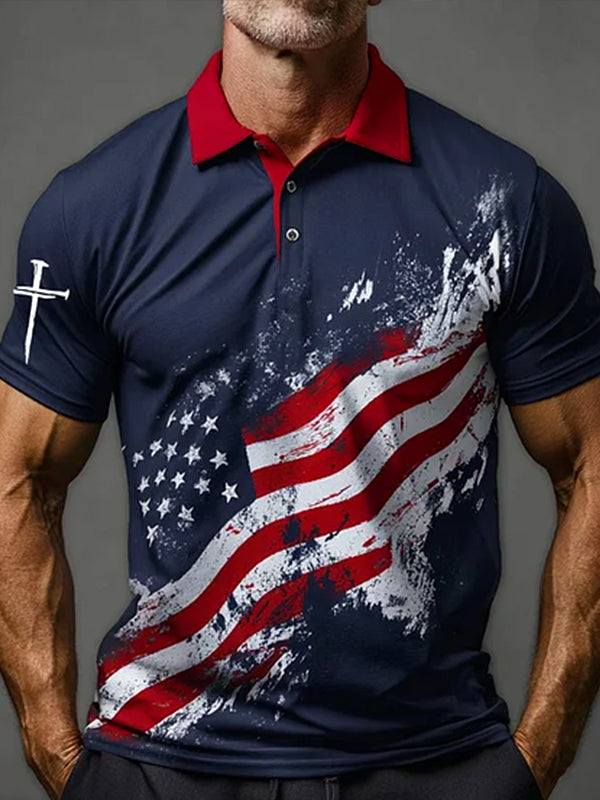 Men's American Flag Cross Print Polo Shirt