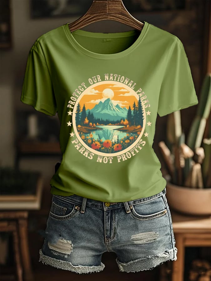 Women's Protect Our National Parks,Parks No Profits Printed Round Neck T-Shirt