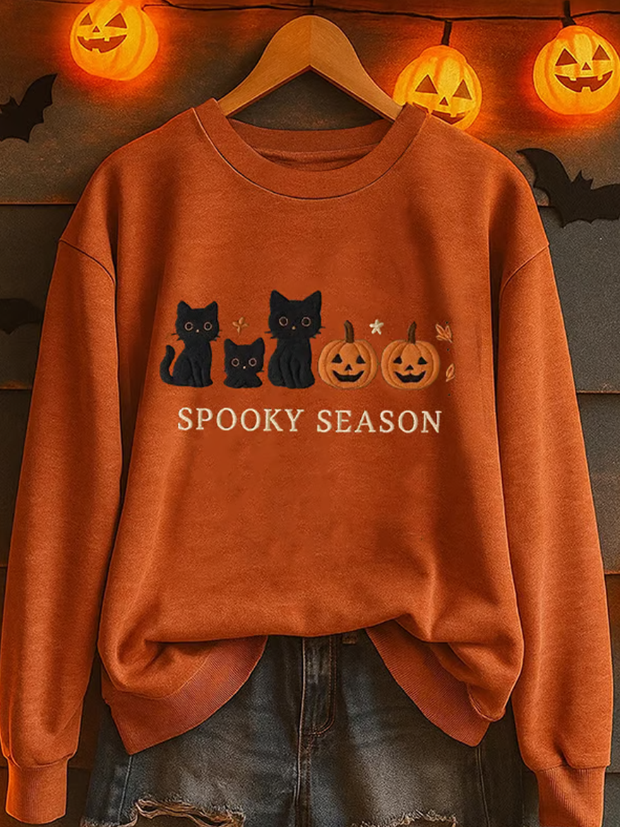Women's Autumn Long Sleeve Top with Halloween Cat Print