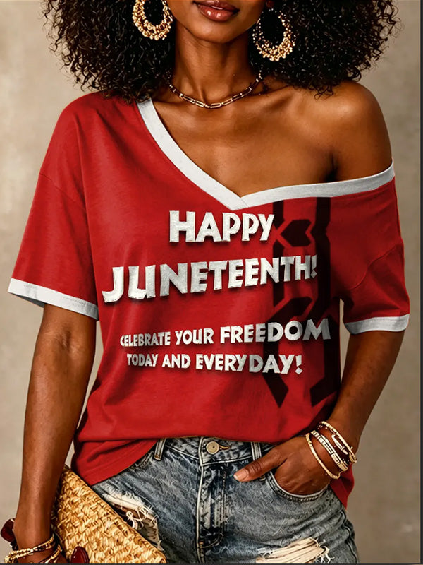 Women's Happy Juneteenth Celebration Freedom Slogan Art Print Casual V Neck T-Shirt