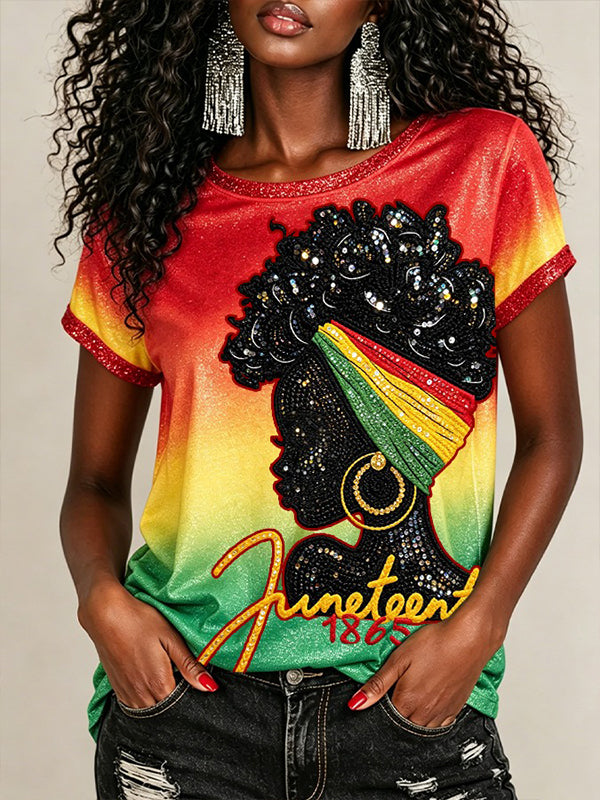 Women's Juneteenth 1865 Black Girl Ombre Art Print Casual T-Shirt