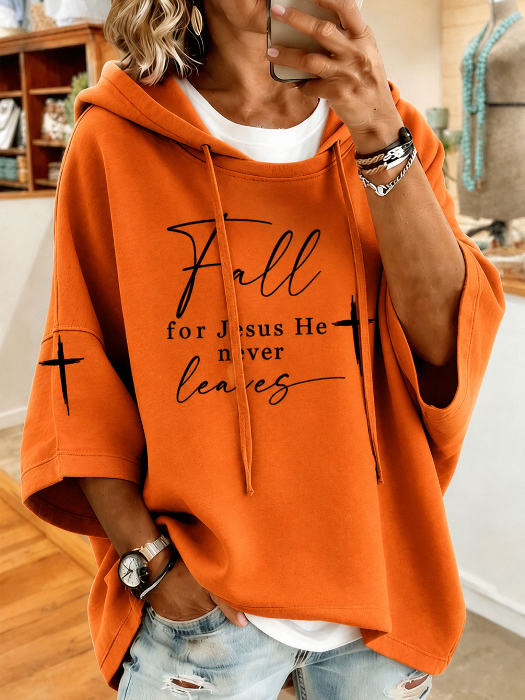Women's Fall For Jesus He Never Leaves Printed Casual Hoodie