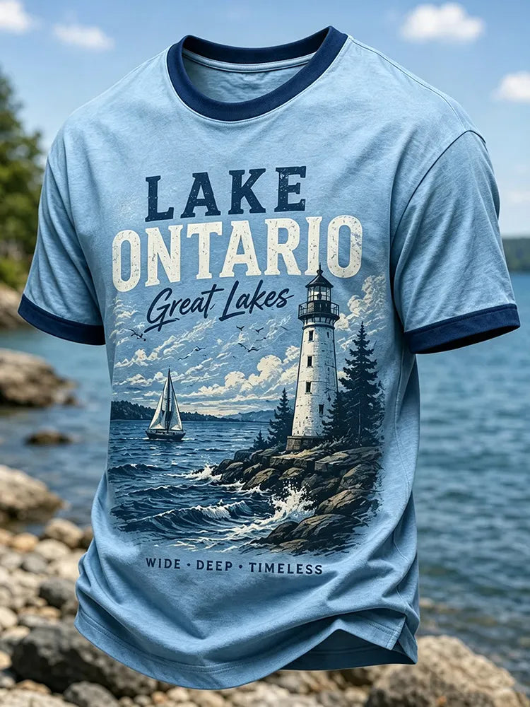 Men's Lake Ontario Lighthouse Landscape Print Crew Neck Short Sleeve T-shirt
