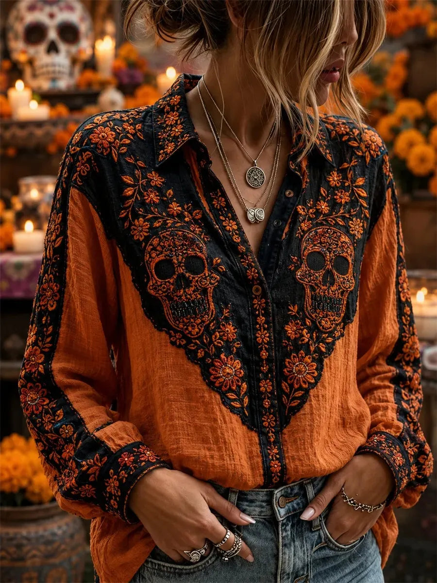 Women's Day Of The Dead Color Block Sugar Skull Floral Print Long Sleeve Shirt