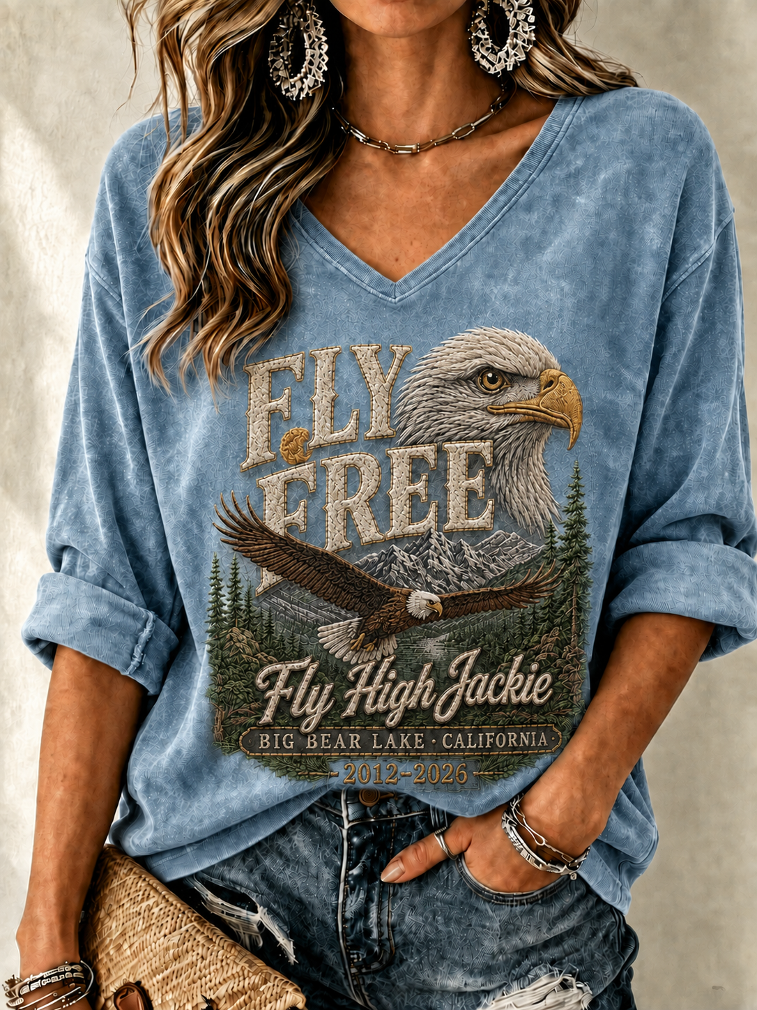 Women's V-Neck Retro Forever Free Printed T-shirt