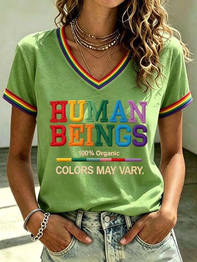 Women's Human Beings Colors May Vary Print V Neck T-shirt