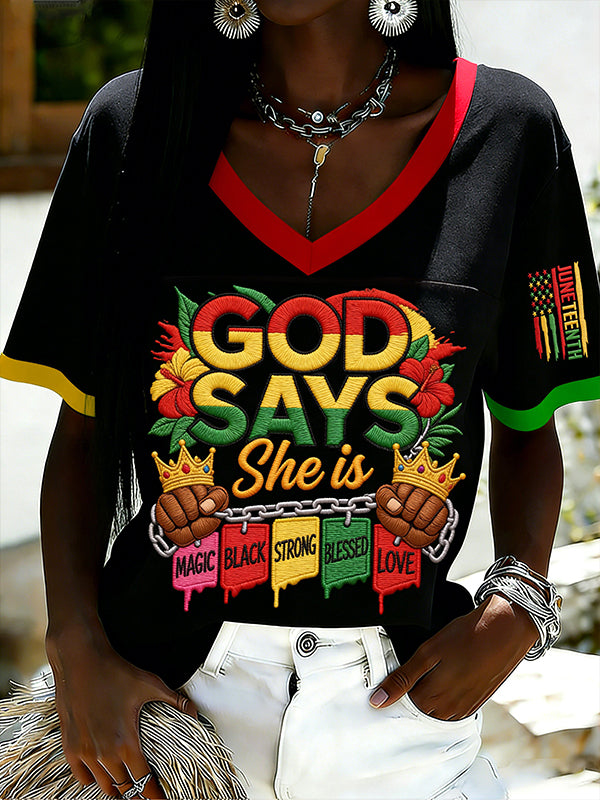 Women's God Says She is Magic Juneteenth Print Casual V Neck T-Shirt