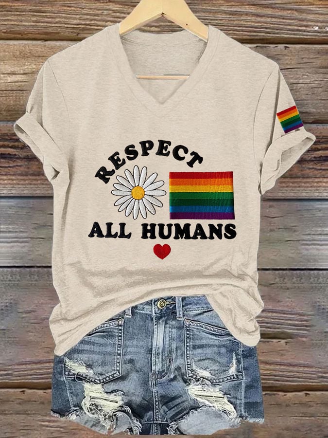 Women's LGBT Respect All Humans  Print V-Neck T-Shirt