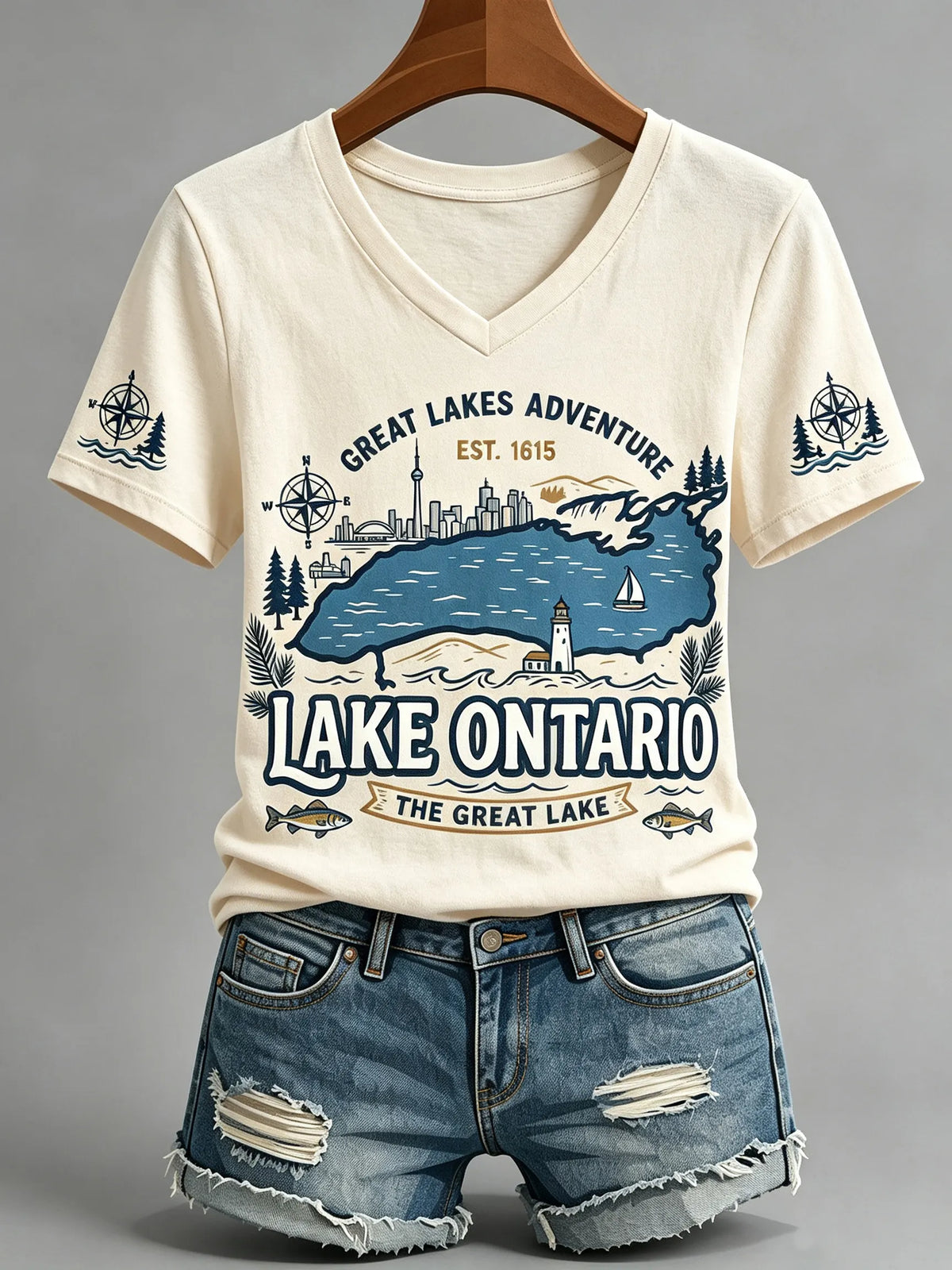 Women's Lake Ontario Casual Art Printed V-neck T-shirt