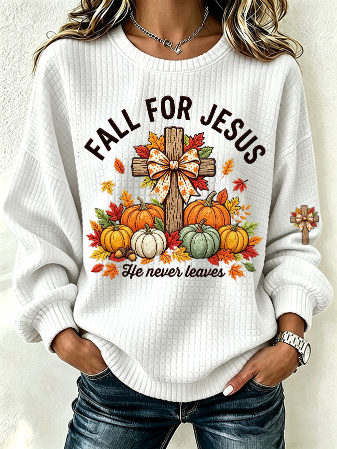 Women's Fall for Jesus Print Crew Neck Check Sweatshirt