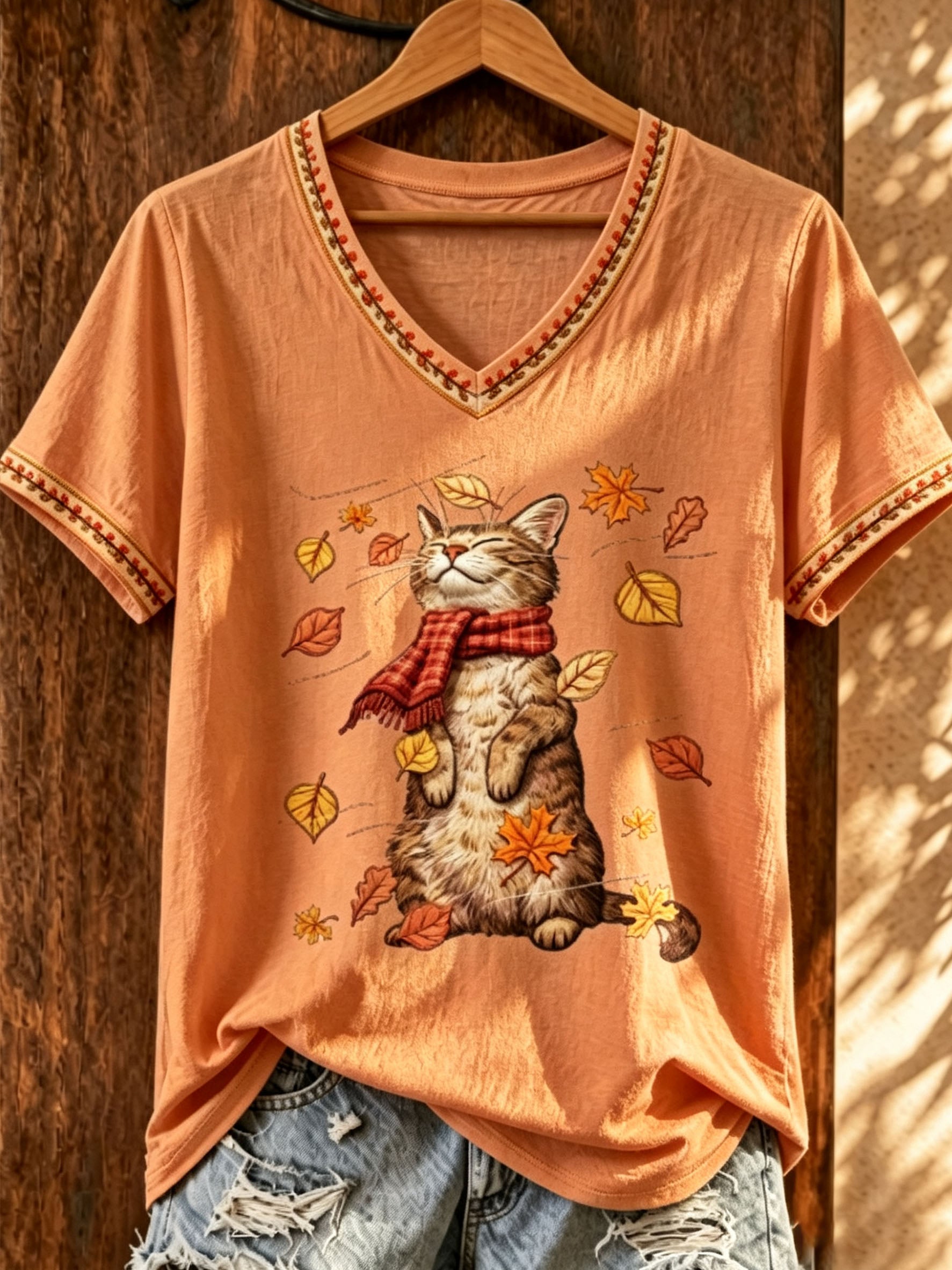 Women's Autumn Leaves Print Casual T-shirt