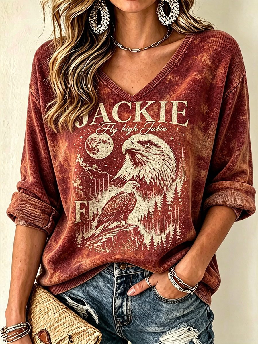 Women's V-Neck Retro Forever Free Printed T-shirt
