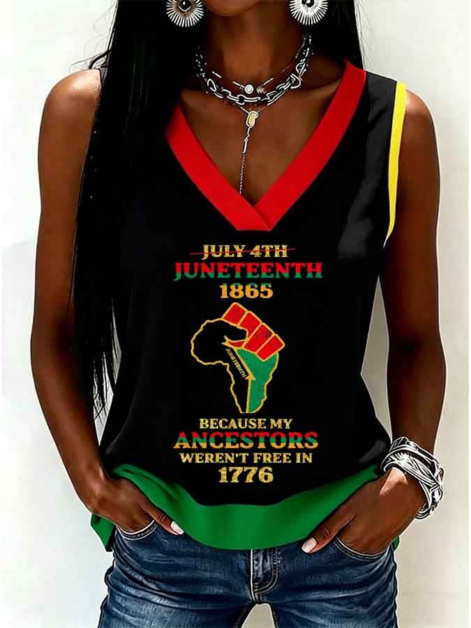 Women's Juneteenth 1865 Because My Ancestors Weren'T Free In 1776 Print V-Neck Tank Top