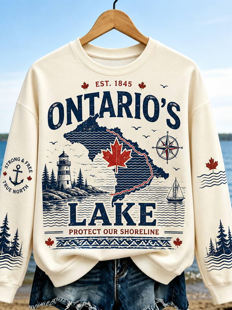 Women's Ontario Lake Map Graphic Crewneck Sweatshirt - Maple Leaf & Lighthouse Print