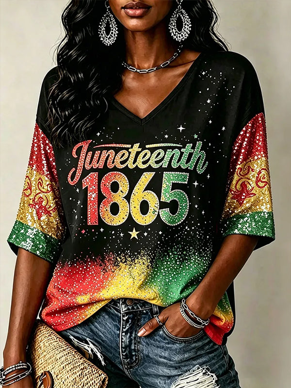 Women's Juneteenth 1865 Colorblock Print Casual V Neck T-Shirt
