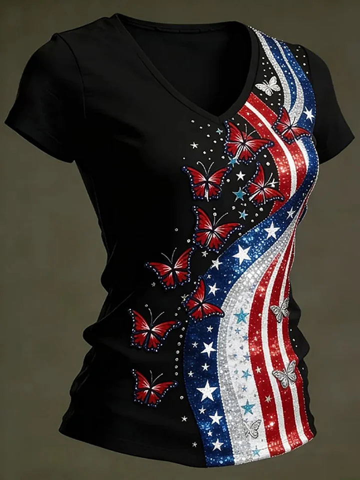 Women's Rhinestone Butterfly American Flag Print Casual T-Shirt