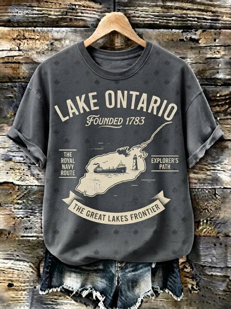 Women's Vintage Washed T-shirt - Lake Ontario Map & Ship