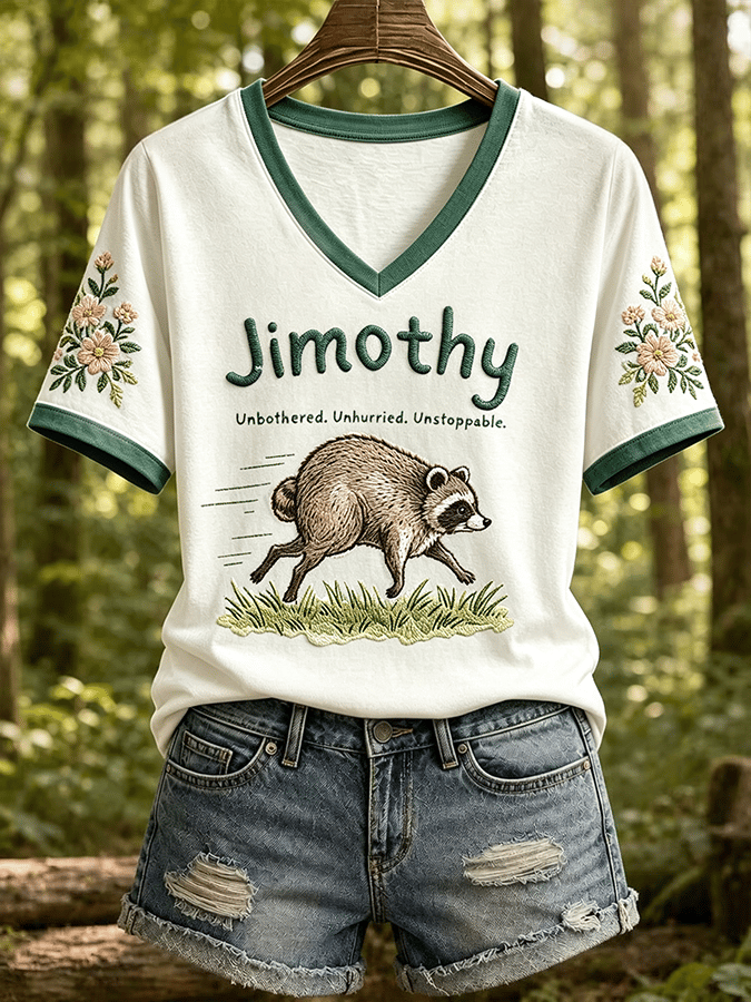 Women's Jimothy Raccoon Seattle Print V Neck T-Shirt